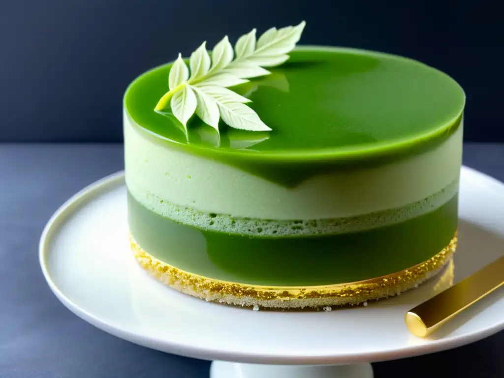 Detallada imagen de un exquisito pastel de mousse de té matcha, reflejando la elegancia moderna y la influencia asiática en postres occidentales