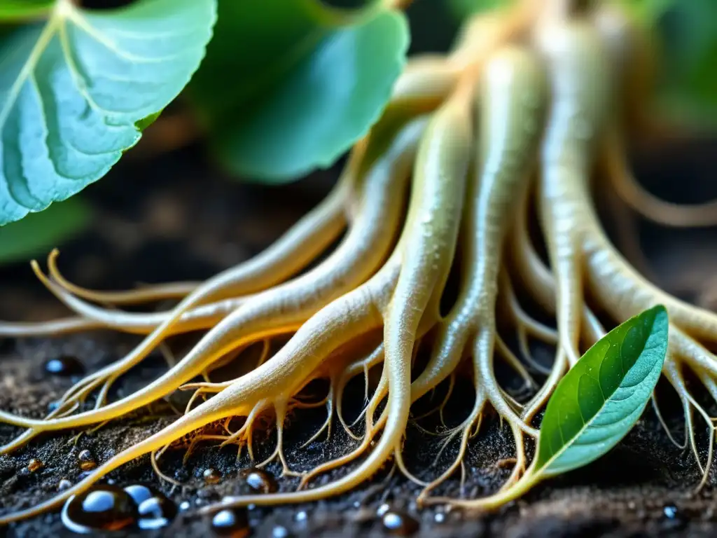 Detallada imagen de una raíz de ginseng con arrugas visibles y rodeada de gotas de agua, resaltando su frescura