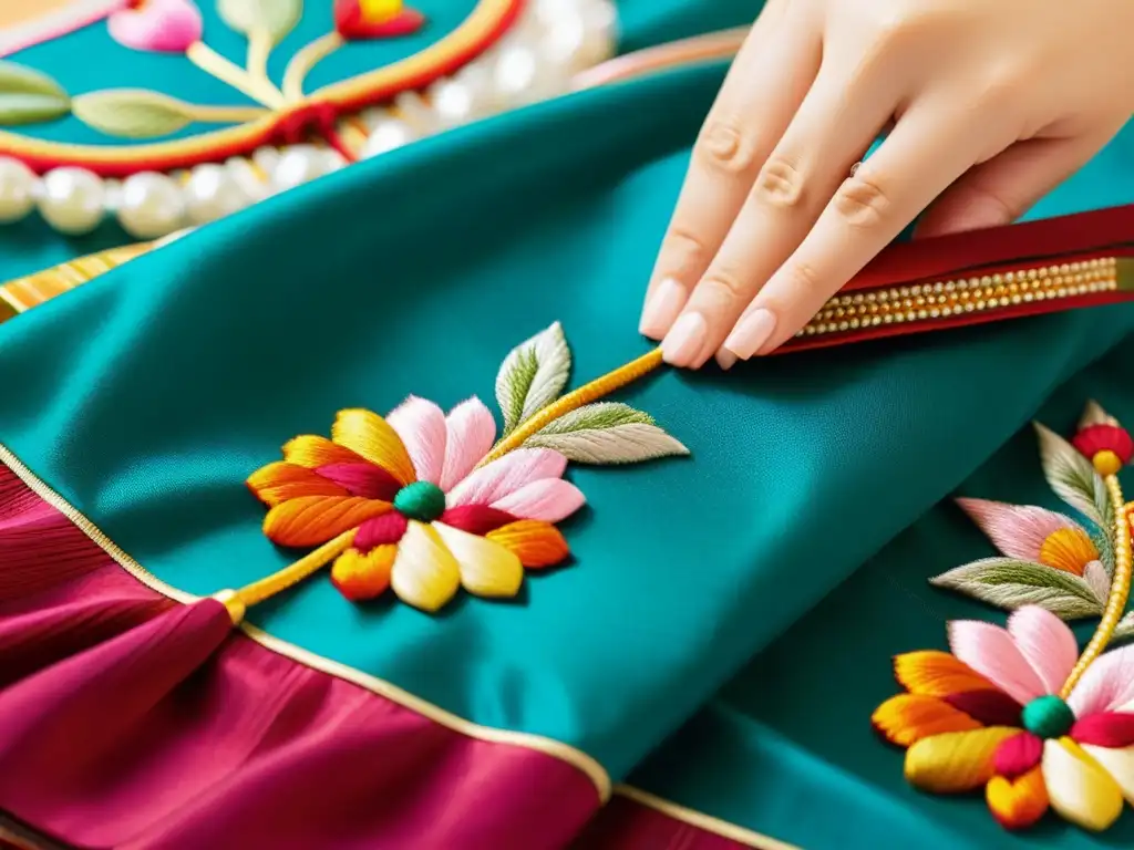 Detallada imagen de un hanbok coreano tradicional siendo bordado a mano, resaltando la autenticidad en series asiáticas