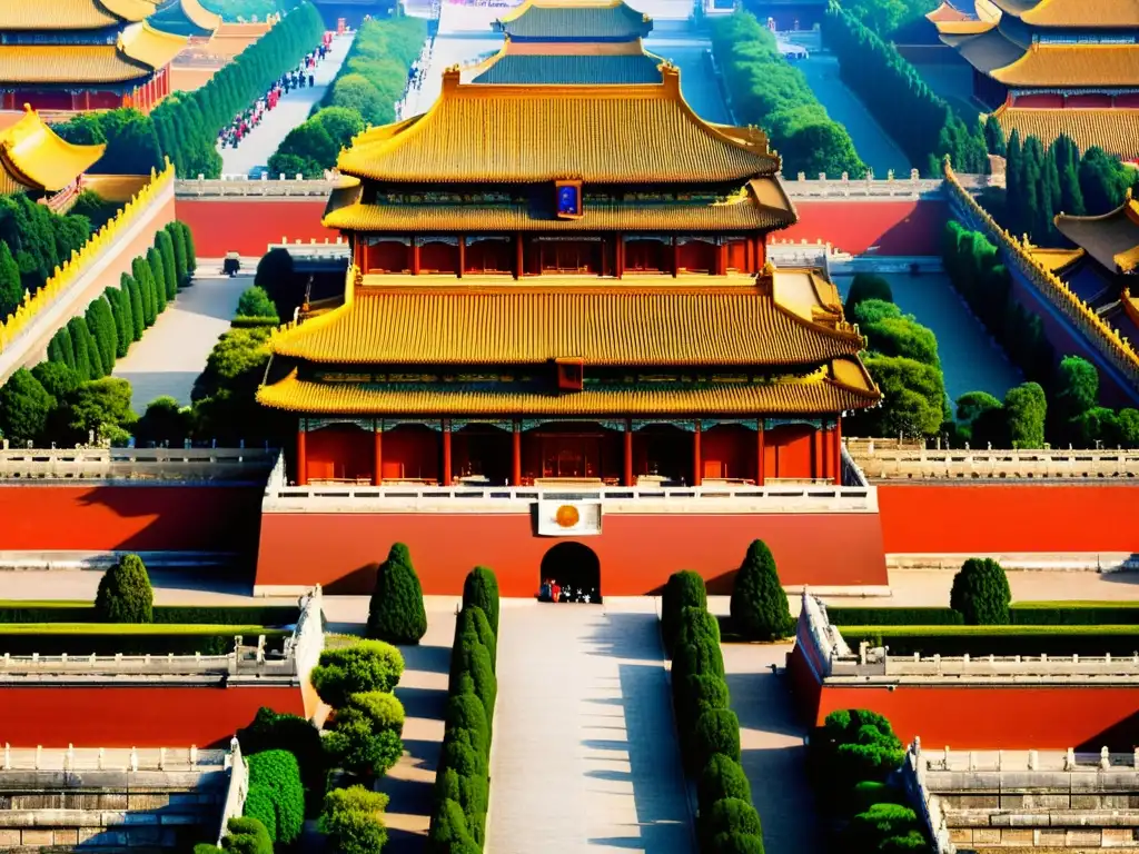 Detallada imagen de los Jardines Imperiales en China, con diseño simétrico, colores vibrantes y exuberante vegetación, reflejando la grandeza de la arquitectura imperial china