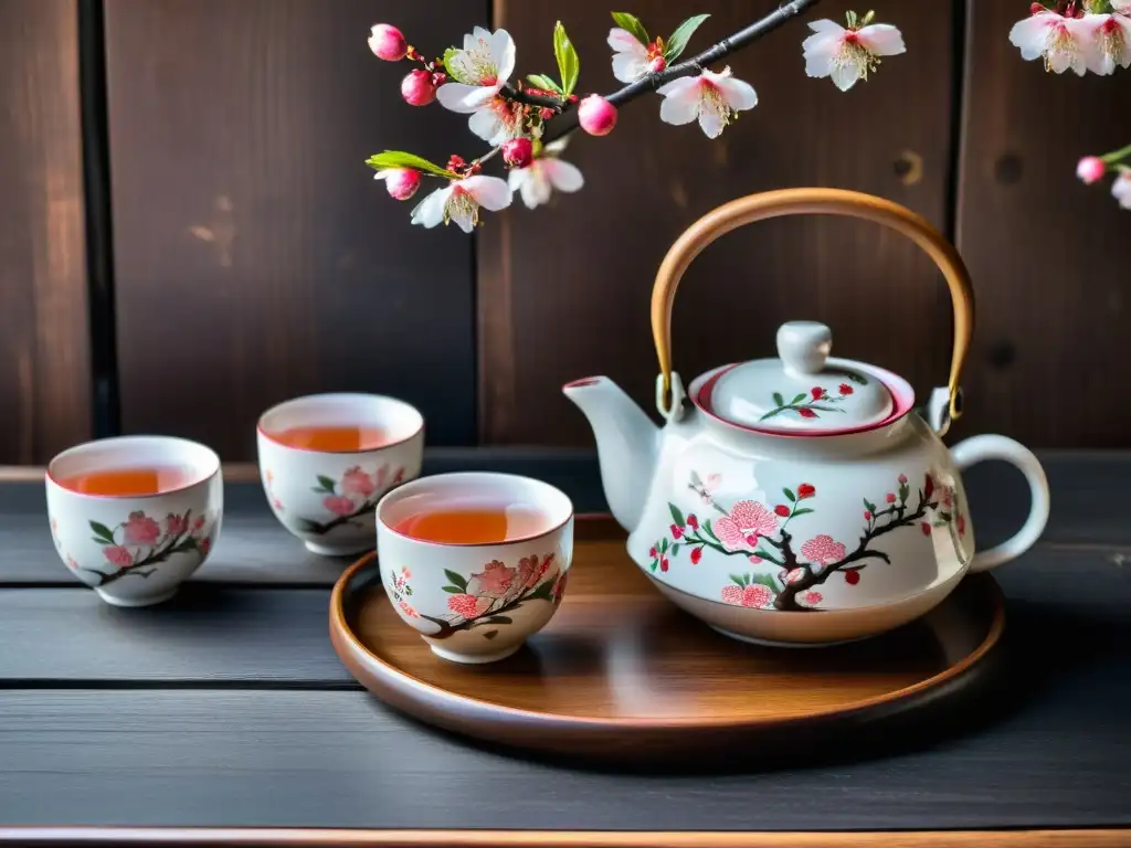 Detallada imagen de un juego de té japonés con motivos de cerezo pintados a mano en tonos vibrantes de rosa y blanco