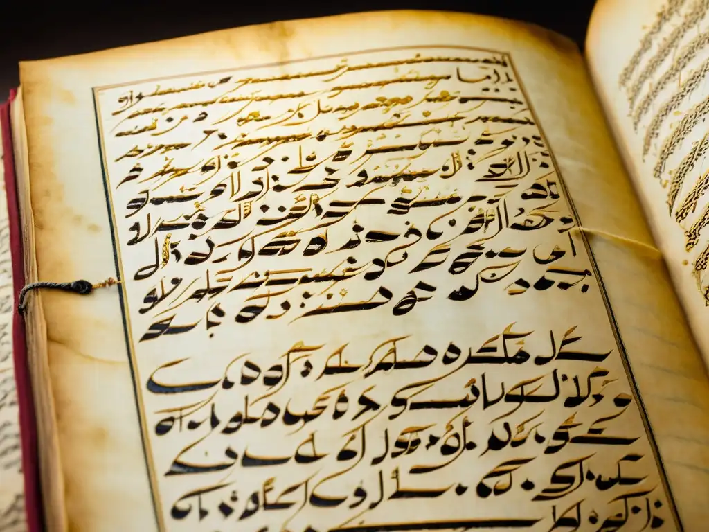 Pergamino envejecido con elegante caligrafía urdu de Ghalib Detallada imagen de un manuscrito en urdu con caligrafía elegante, evocando lirismo y tradición