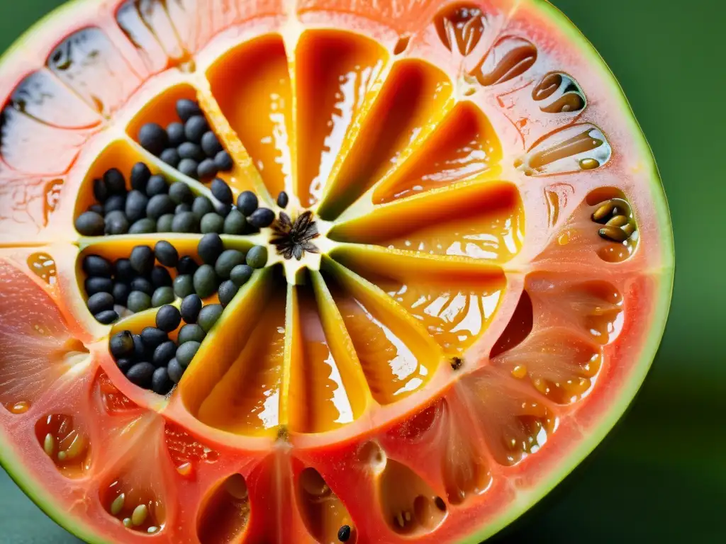 Detallada imagen de una papaya madura cortada por la mitad, resaltando sus virtudes dermatológicas y su belleza natural