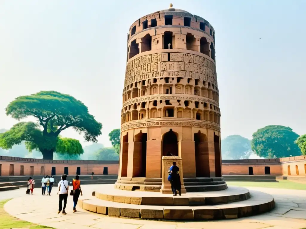 Detallada imagen del Pilar de Ashoka en Sarnath, con intrincados grabados y visitantes, capturando el legado de Asoka el Grande