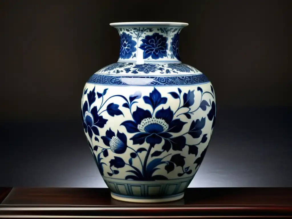 Detallada imagen de un jarrón de porcelana de la dinastía Ming, exquisitamente pintado con patrones florales azules y blancos