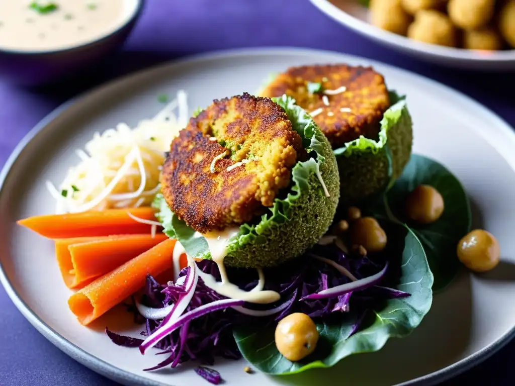 Detallada imagen de un falafel tempura dorado sobre ensalada morada y zanahoria