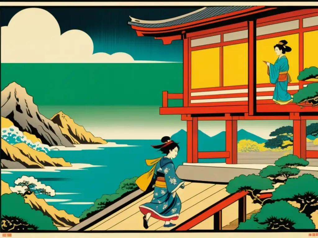 Detallada impresión japonesa de madera muestra escenas de manga tradicional, con intrincado trabajo en líneas y colores vibrantes