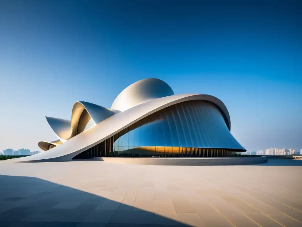 Fotografía 8k detallada del innovador diseño del Harbin Opera House en China, destacando sus formas orgánicas y arquitectura contemporánea asiática