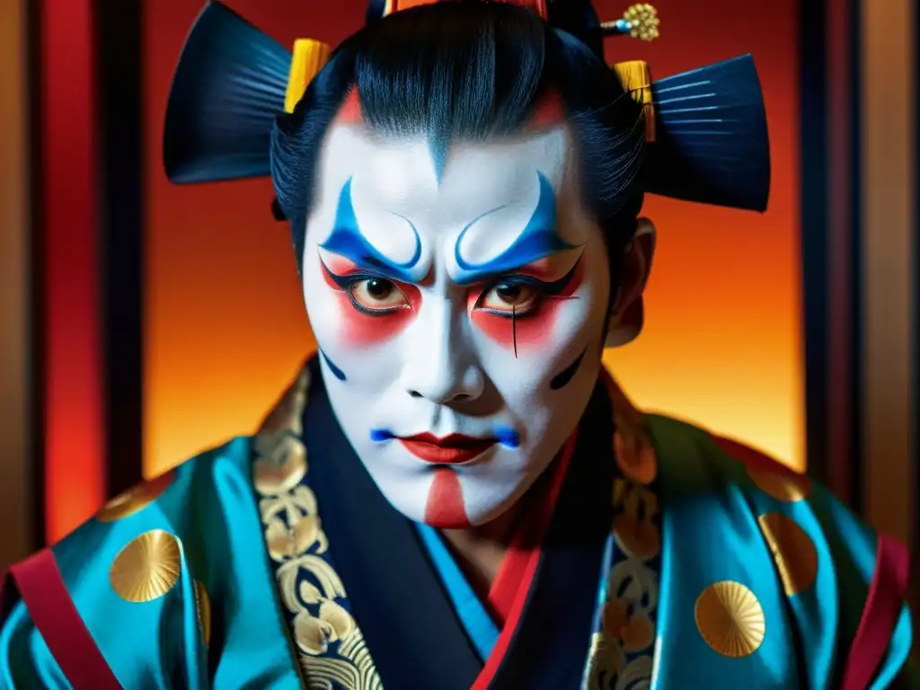 'Fotografía detallada del intenso maquillaje y vestuario tradicional de un actor kabuki, destacando la influencia del kabuki en el arte japonés