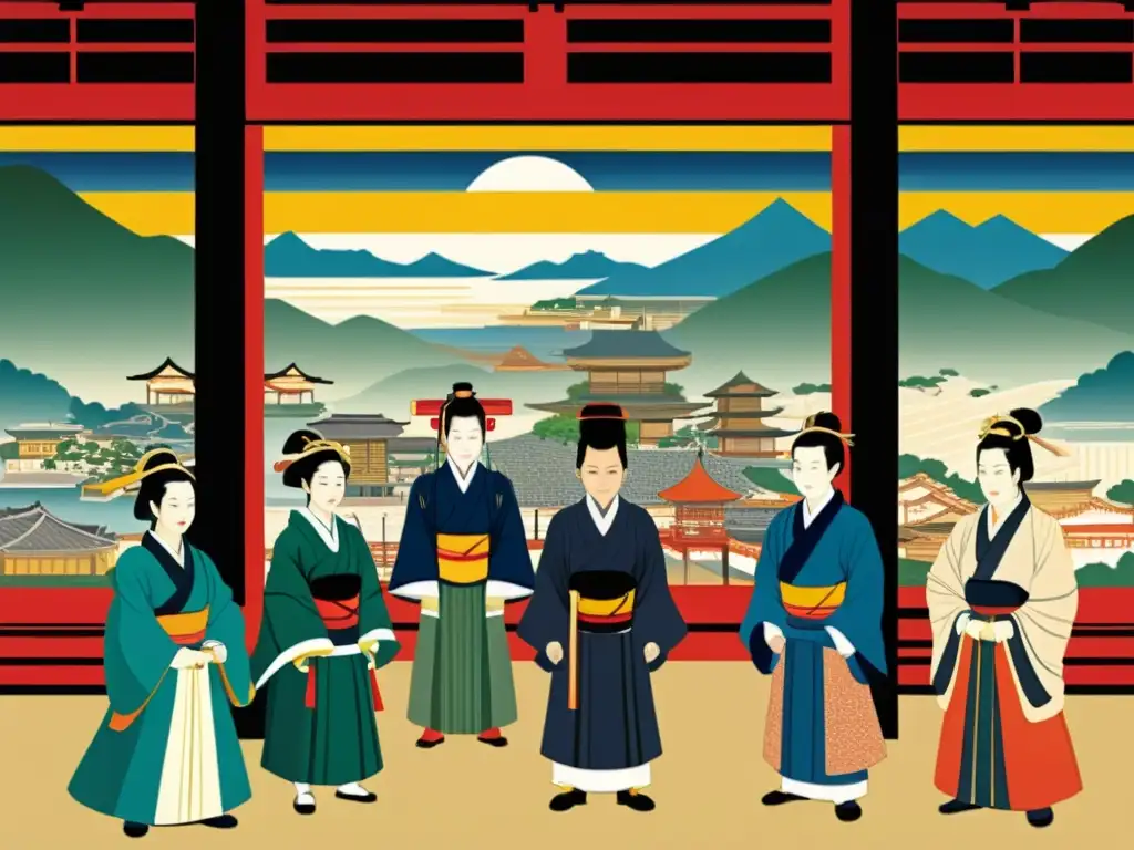 Detallada pintura de la estructura social de Japón durante el shogunato, con impactante precisión histórica y colorido vibrante