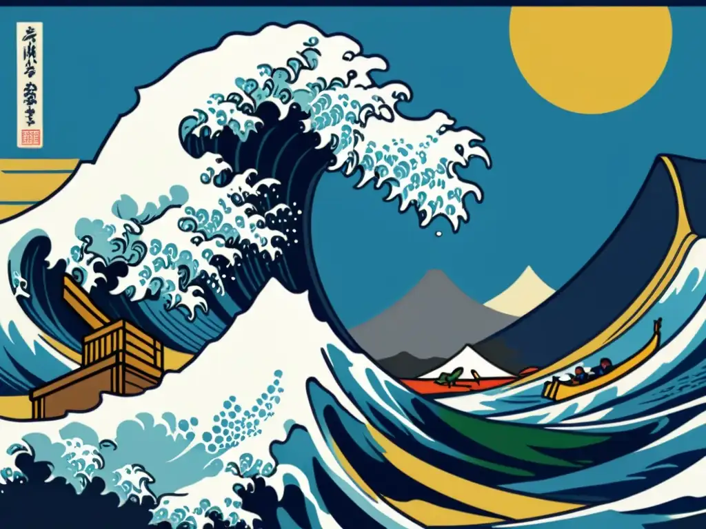 Detallada pintura japonesa del Monte Fuji con la icónica ola de Hokusai y botes en el mar, capturando la esencia del arte japonés