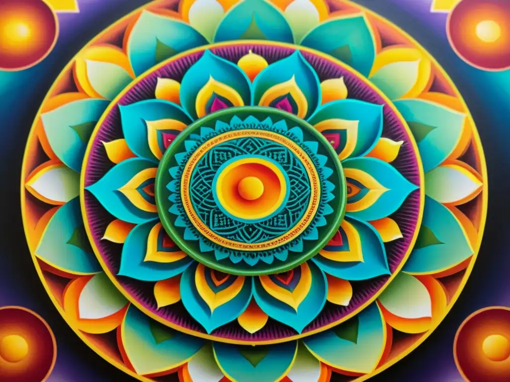 Detallada pintura de mandala moderna, con patrones geométricos e intensos colores