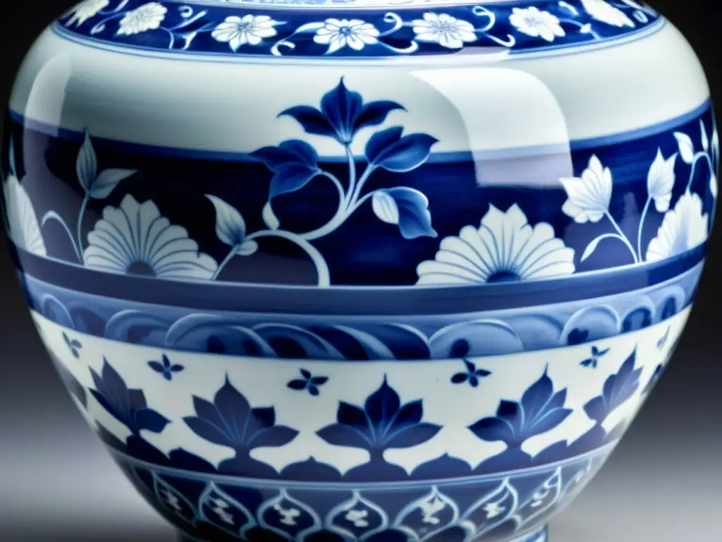 Detallada porcelana china de la dinastía Ming, con patrones florales azules y blancos, reflejando la historia y la opulencia de los emperadores