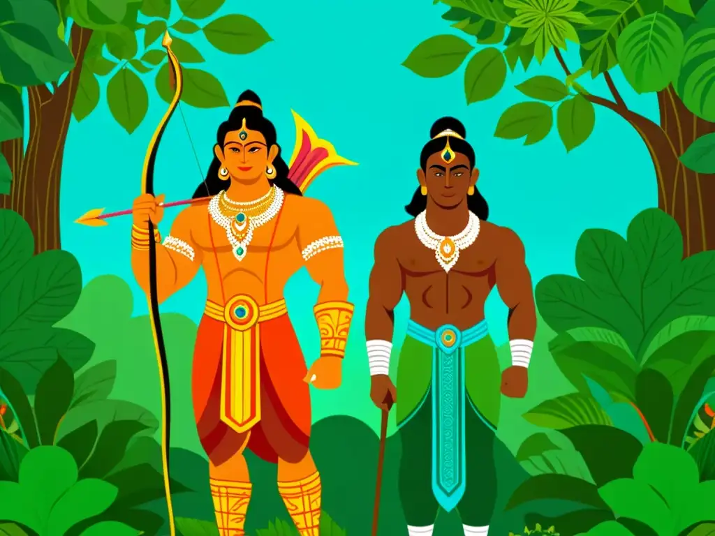 Ilustración detallada de Rama, Sita y Hanuman en un exuberante bosque, con patrones intrincados en su vestimenta y flora circundante