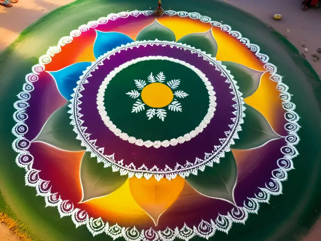 Detallada fotografía del efímero arte hindú Rangoli, con vibrantes colores y patrones intrincados, iluminado por el sol