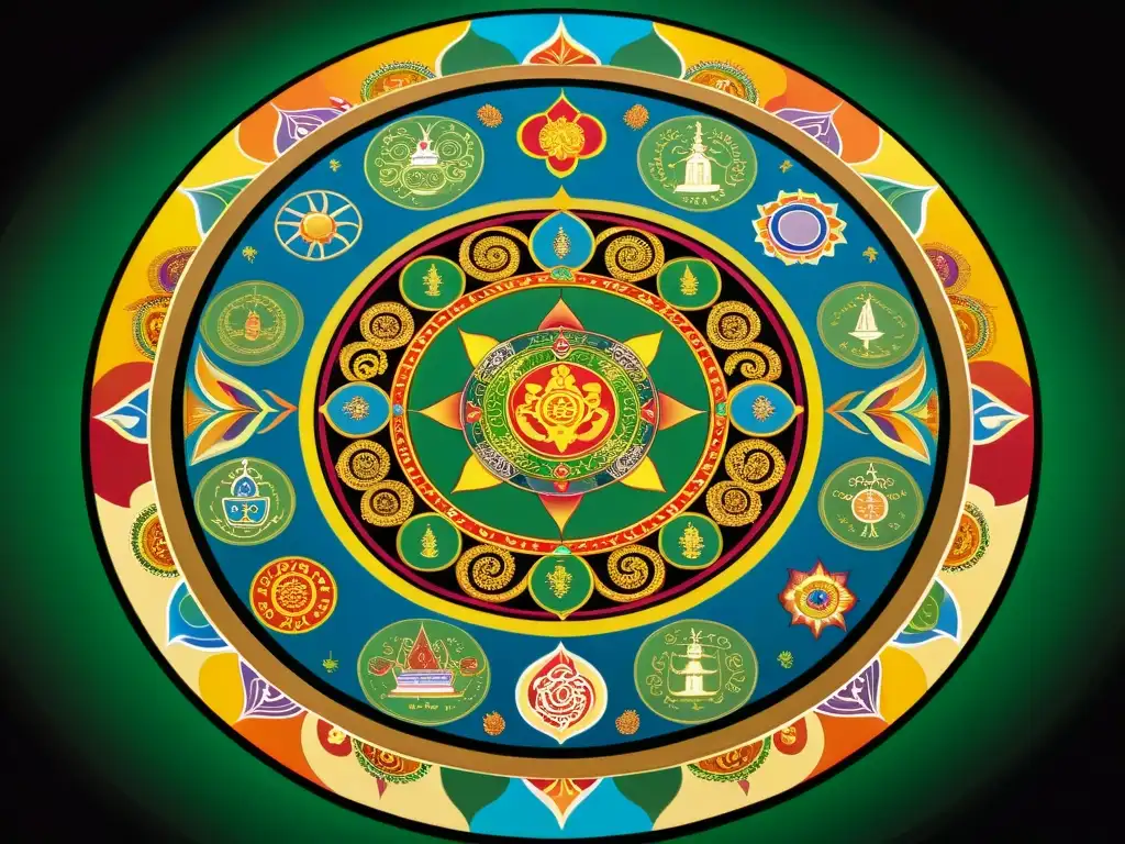 Detallada representación de la rueda de Samsara y las reencarnaciones en el Budismo, a través de un intrincado mandala de arena tibetano