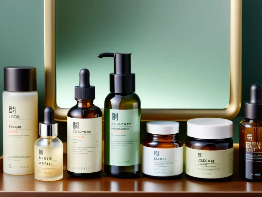 Rutina de cuidado facial coreano: Detalles lujosos y precisos Una fotografía detallada de una rutina de cuidado personal asiática con productos coreanos meticulosamente dispuestos en una elegante mesa
