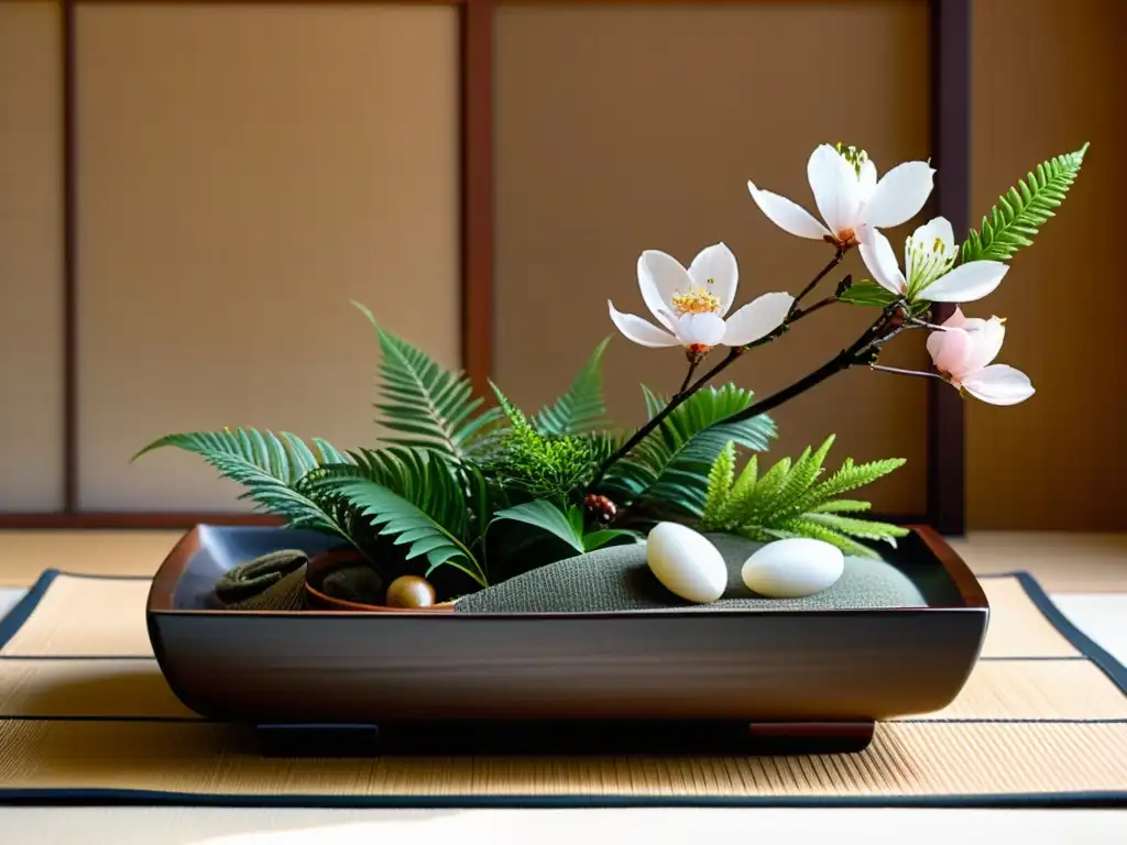 Una detallada y serena composición de Ikebana japonés con cerezos, helechos y bambú en un jarrón de cerámica sobre un tatami