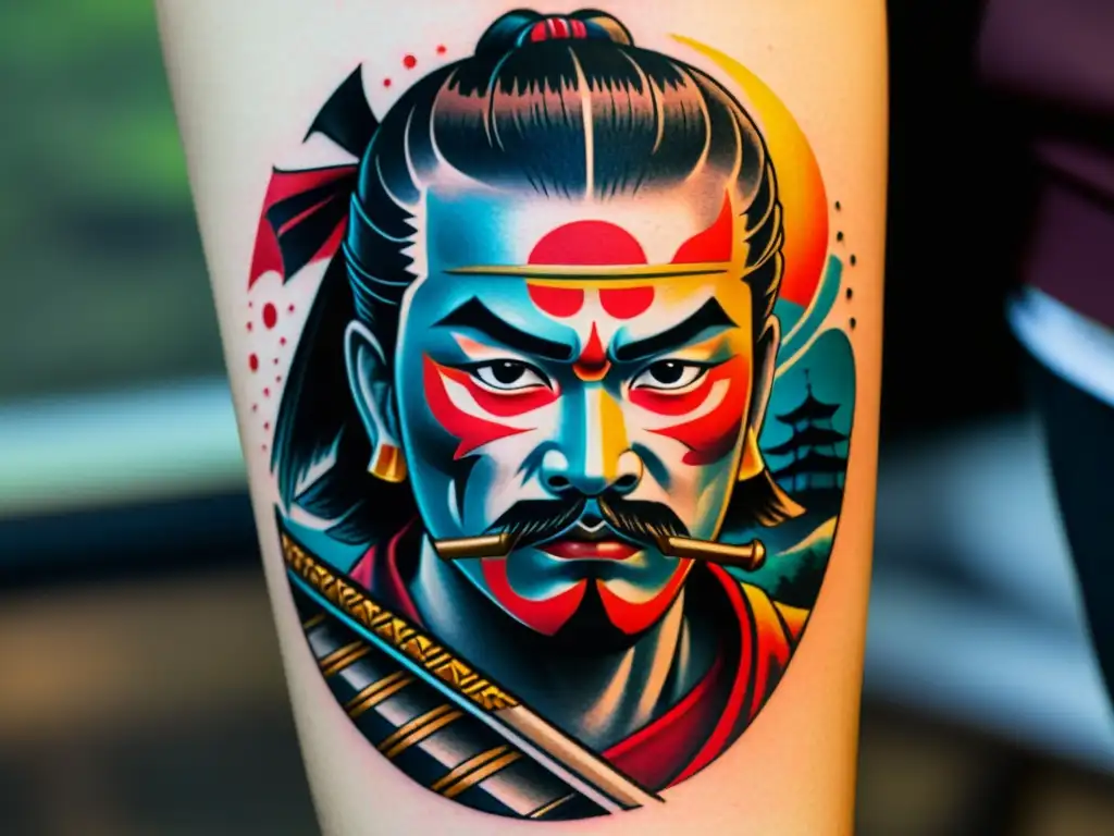 Detallada fotografía de un tatuaje samurái, con colores vibrantes y detalles intrincados que expresan fuerza, honor y tradición