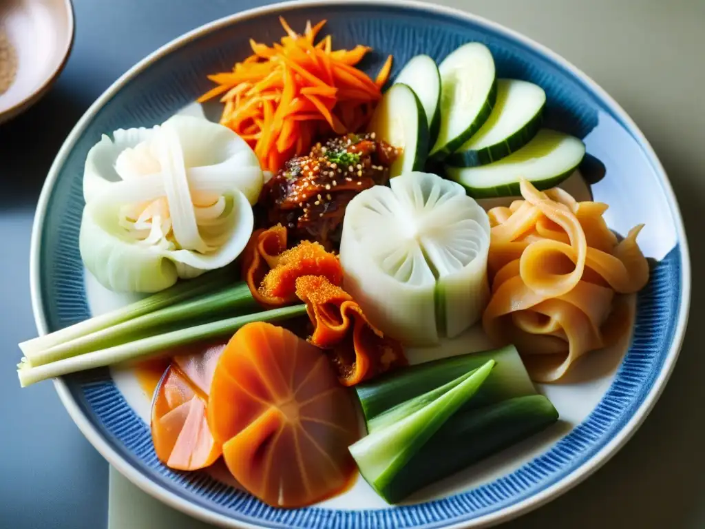 Una fotografía detallada de varios tipos de kimchi en un plato de cerámica tradicional coreano, resaltando colores y texturas