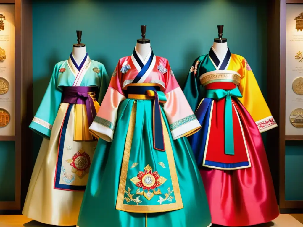 Exhibición detallada de hanbok tradicional con bordados intrincados y colores vibrantes, fusionando arte asiático con moda Kpop