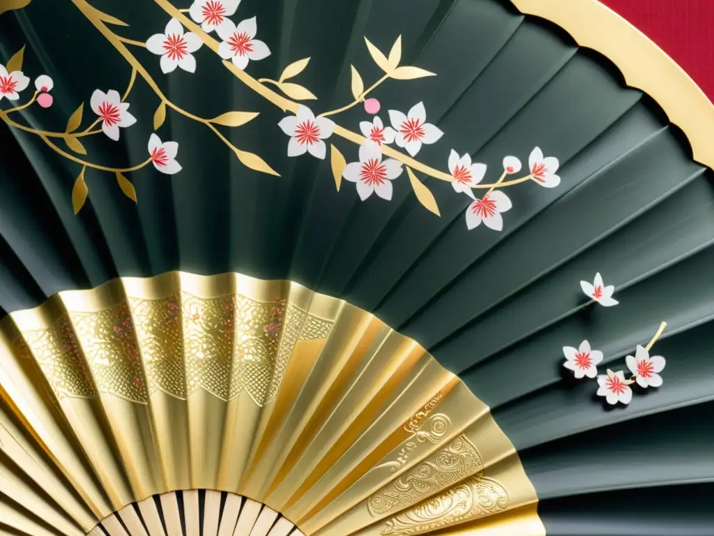 Detallado abanico de mano japonés tradicional, con motivos de cerezo pintados a mano y finos detalles de bambú