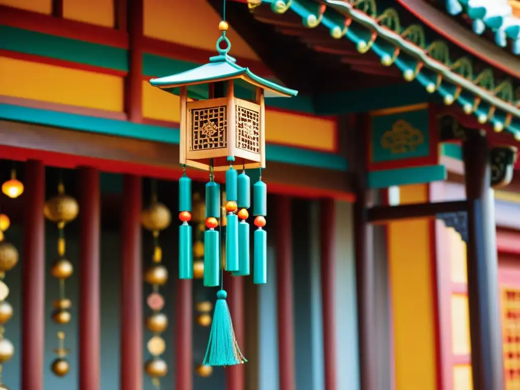 Un detallado y colorido carillón asiático cuelga de una pagoda de madera con jardines serenos al fondo