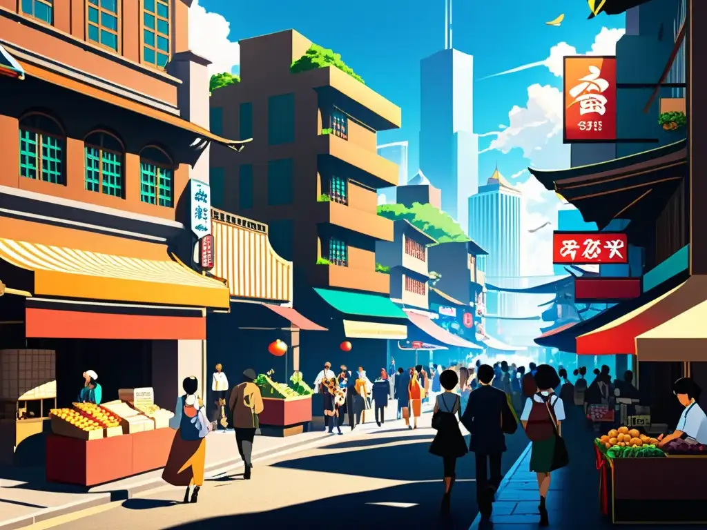 Un detallado escenario de ciudad anime, con edificios intrincados, mercados vibrantes y personajes variados