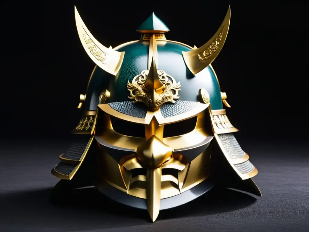 Detallado kabuto samurái en fondo oscuro, reflejando la historia guerrera samurái Japón con intrincados detalles y atmósfera imponente