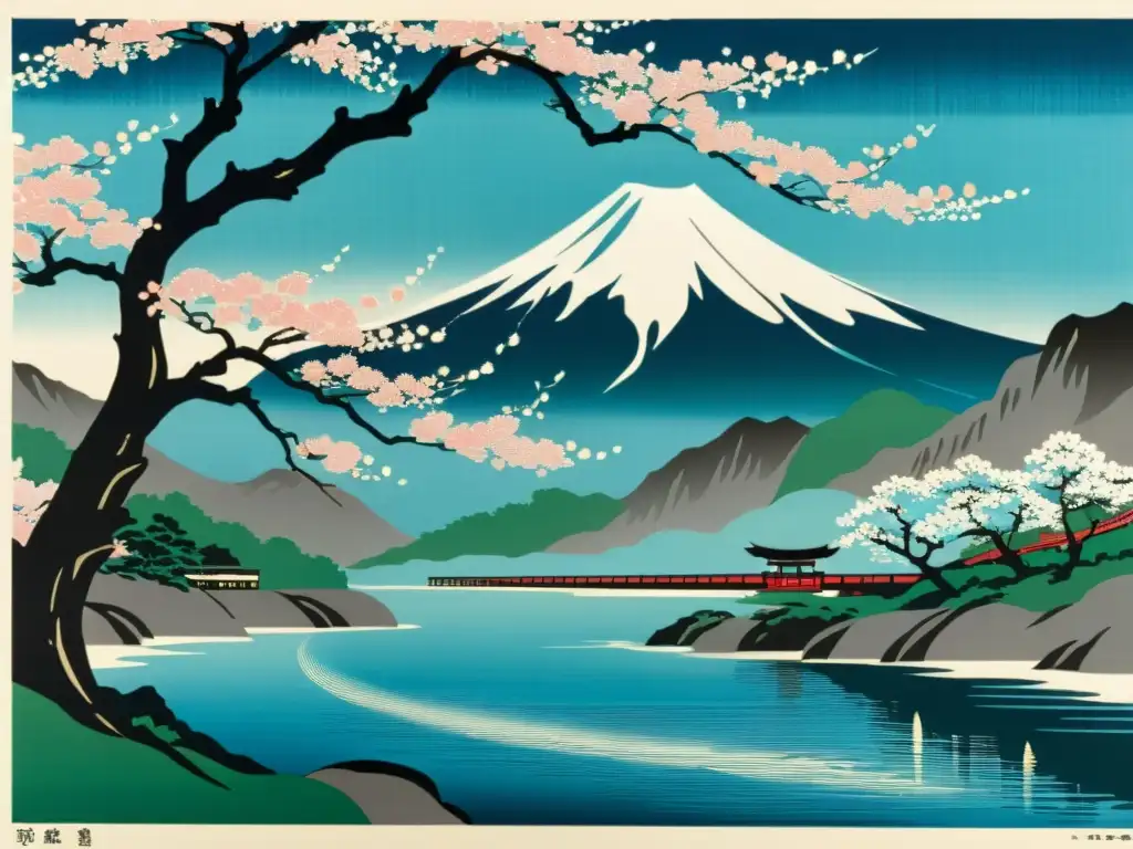 Detallado grabado japonés NFTs asiáticos arte cultura: paisaje sereno con cerezos en flor, río tranquilo y majestuosa montaña