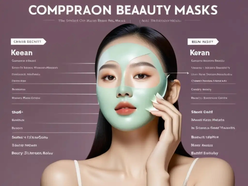 Un detallado gráfico compara máscaras de belleza coreanas con otros productos, mostrando ingredientes, beneficios y calificaciones de usuarios