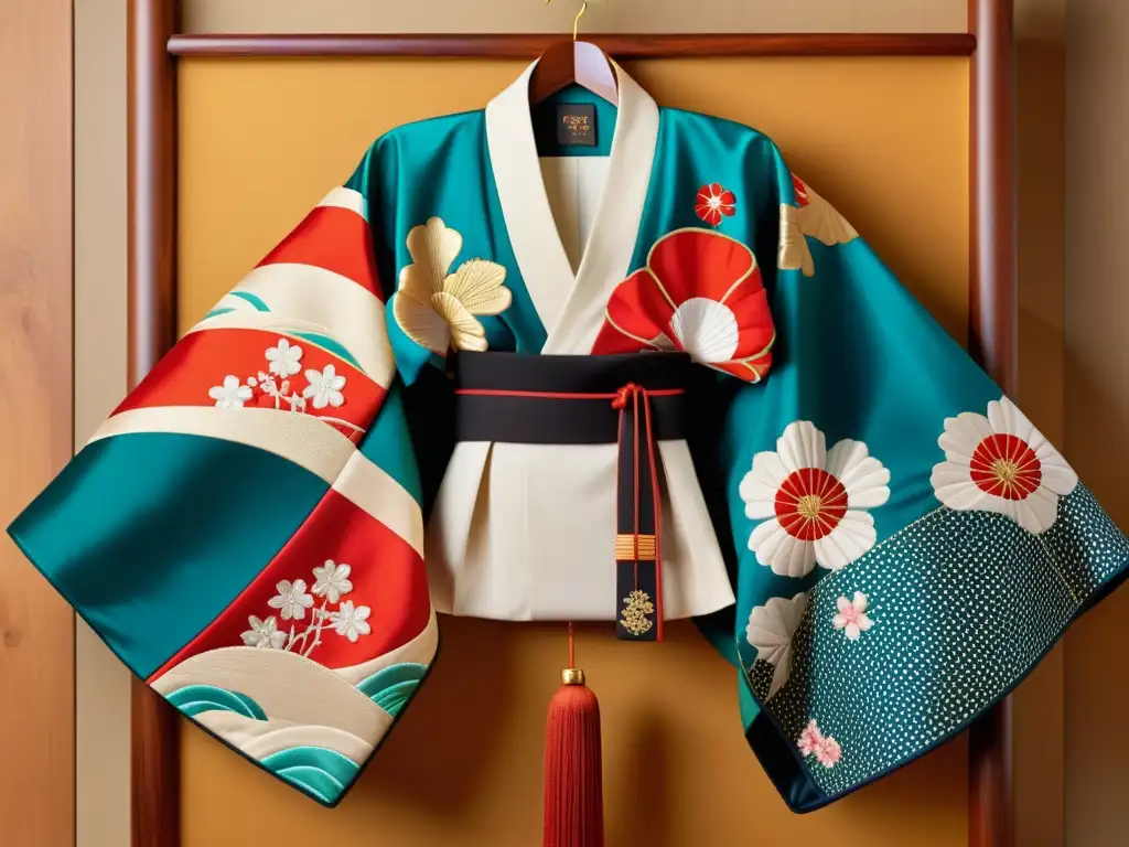 Detallado kimono japonés con vibrantes colores y bordados, reflejando la riqueza cultural y paletas cromáticas tendencias Occidente