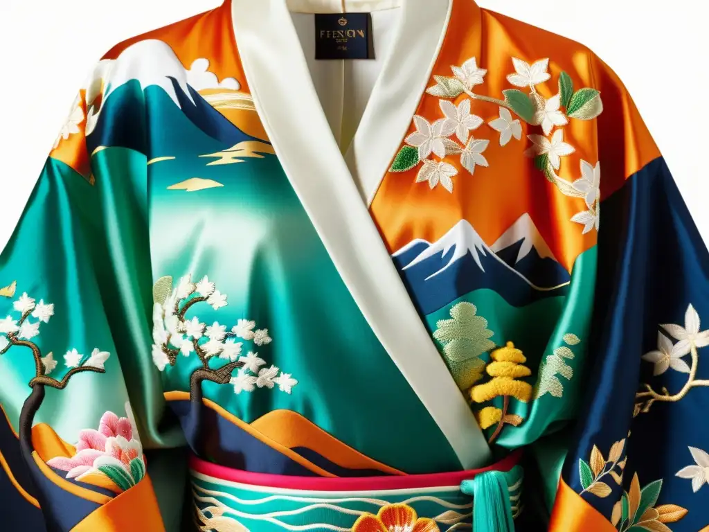 Detallado kimono de seda con bordados vibrantes de paisajes y flora japonesa