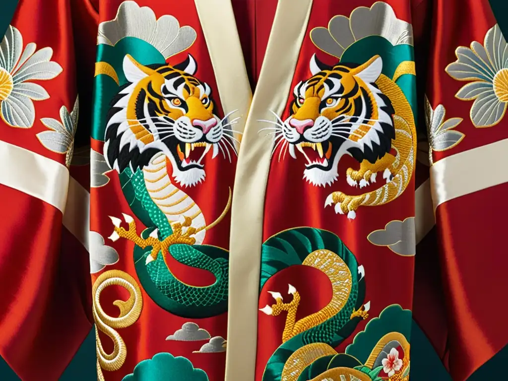 Detallado kimono de seda con diseño de dragón y tigre, simbolizando la fusión cultural asiática en moda occidental