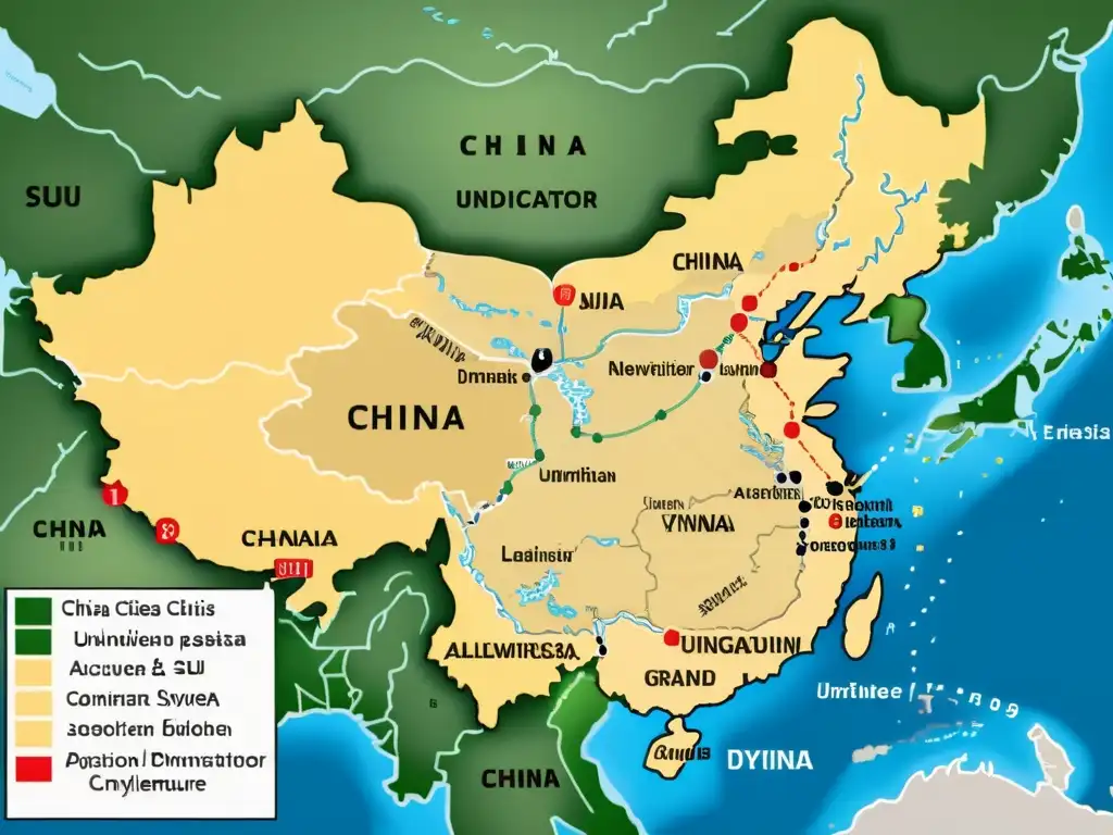 Detallado mapa de la unificación China bajo la dinastía Sui, con fronteras claras y ciudades clave marcadas, mostrando el contraste con territorios fragmentados de dinastías anteriores