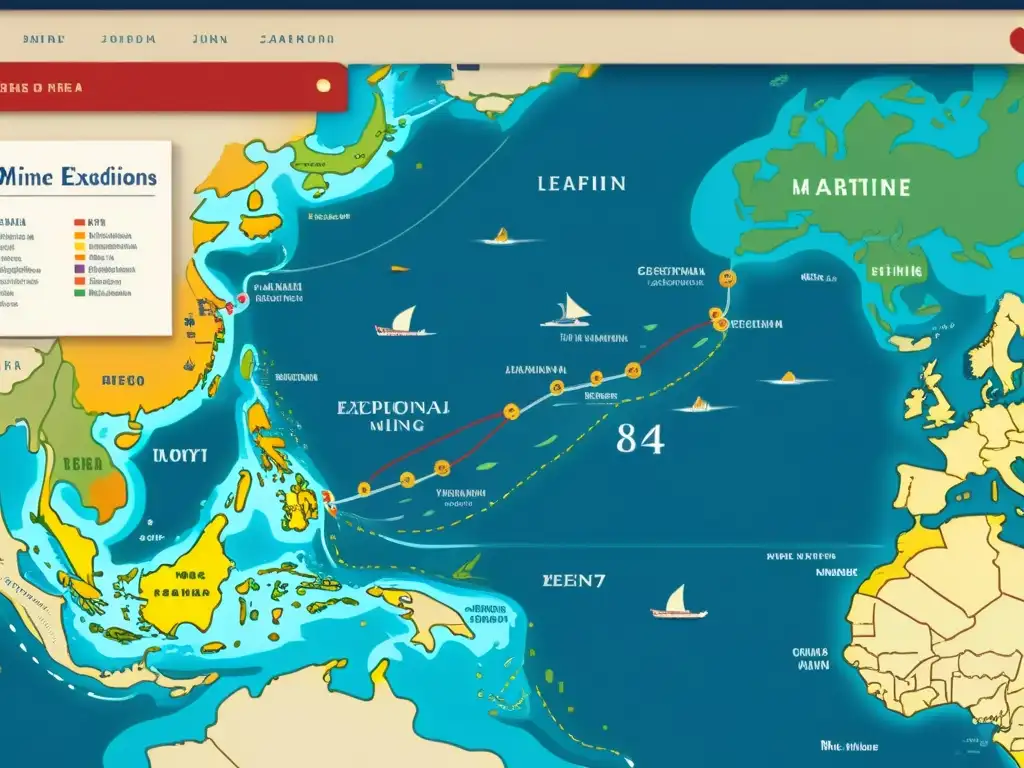 Detallado mapa 8k de rutas marítimas de las expediciones marítimas Zheng He Ming, con colores vibrantes y detalladas ilustraciones históricas