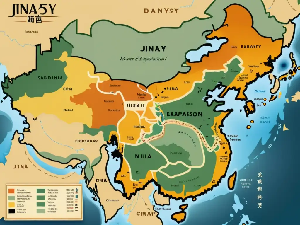 Detallado mapa de la expansión territorial de la Dinastía Jin en China, evocando su importancia estratégica