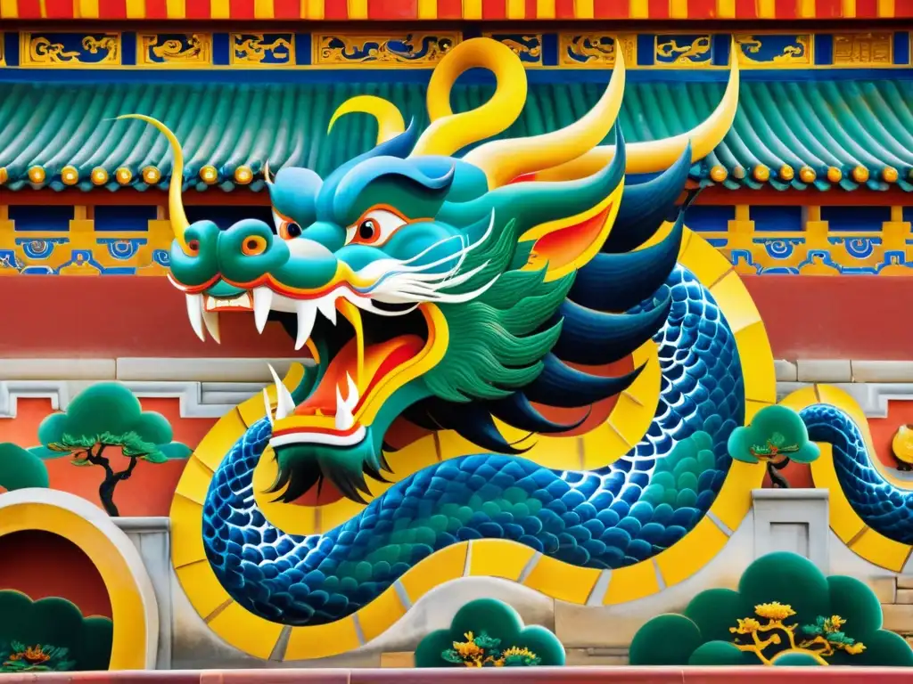 Detallado mural en la Ciudad Prohibida de Beijing, muestra símbolos poder dinastías chinas con dragón y fénix en vibrantes colores