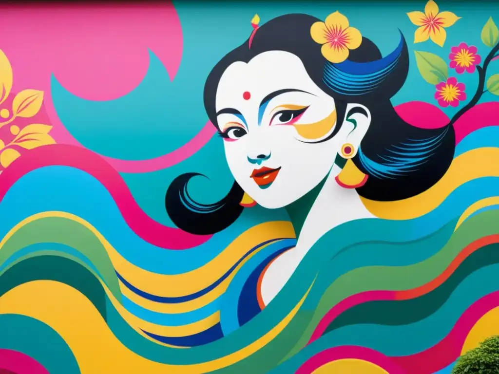 Detallado mural urbano en Asia, fusiona arte asiático tradicional con influencias pop, colores vibrantes y energía creativa