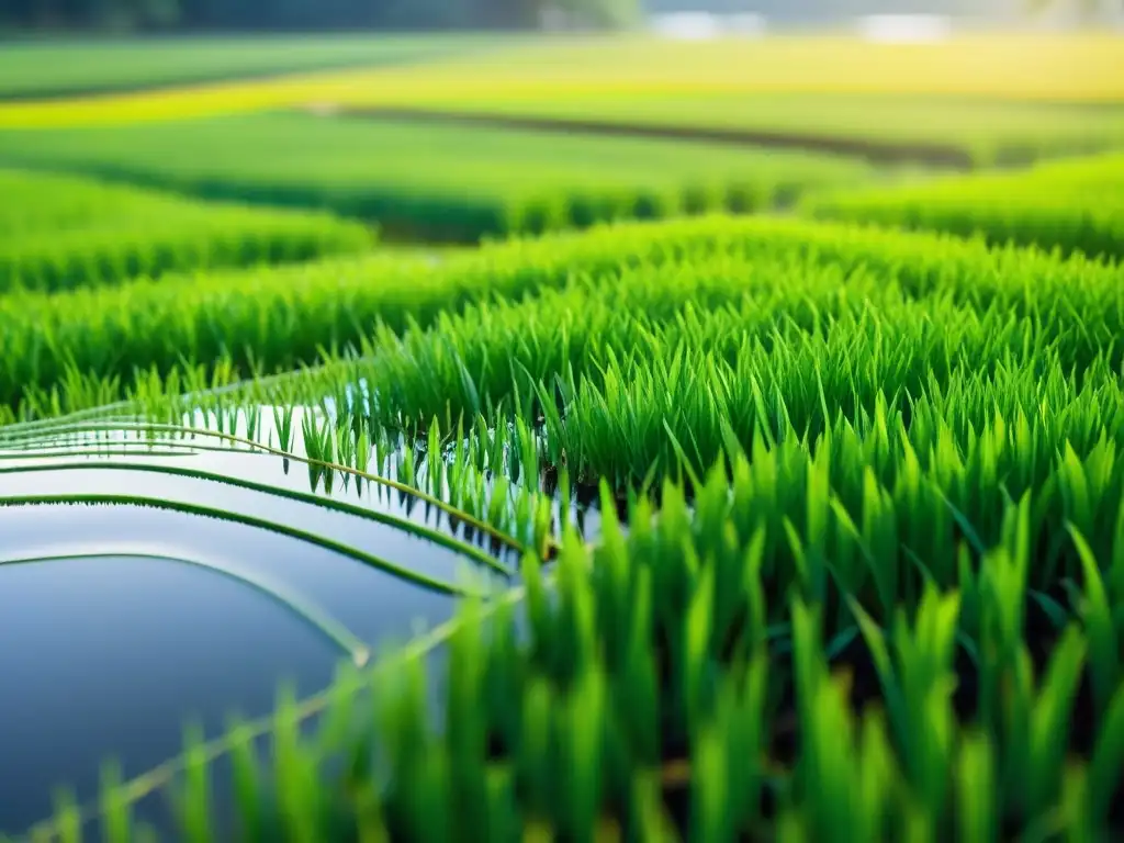 Un detallado paisaje de arrozal japonés, con raíces entrelazadas y hongos micorrícicos