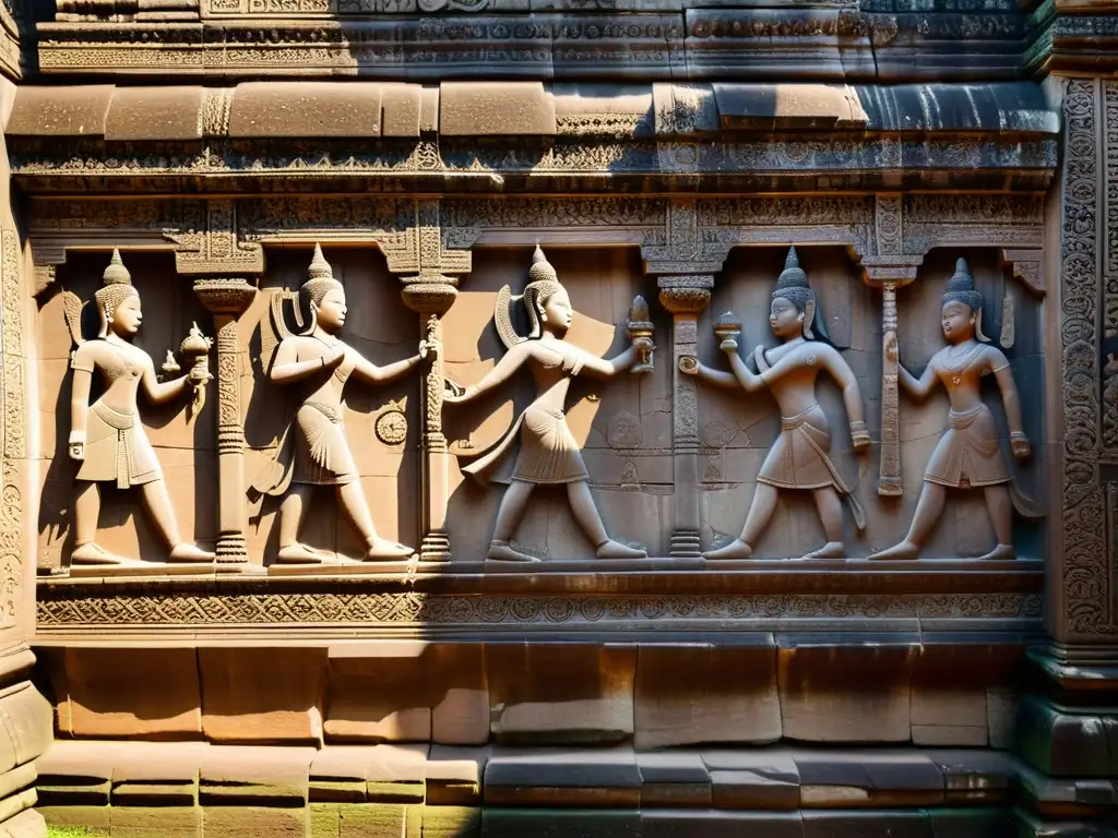 Detallado relieve en Angkor Wat iluminado por el cálido sol, mostrando escenas de la vida diaria y rituales religiosos