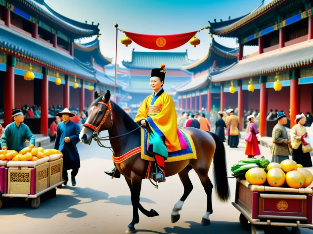Recaudador de impuestos de la dinastía Qing: escena de mercado en 8k Un detallado retrato en 8k de un recaudador de impuestos de la Dinastía Qing en un bullicioso mercado, mostrando la política fiscal del imperio