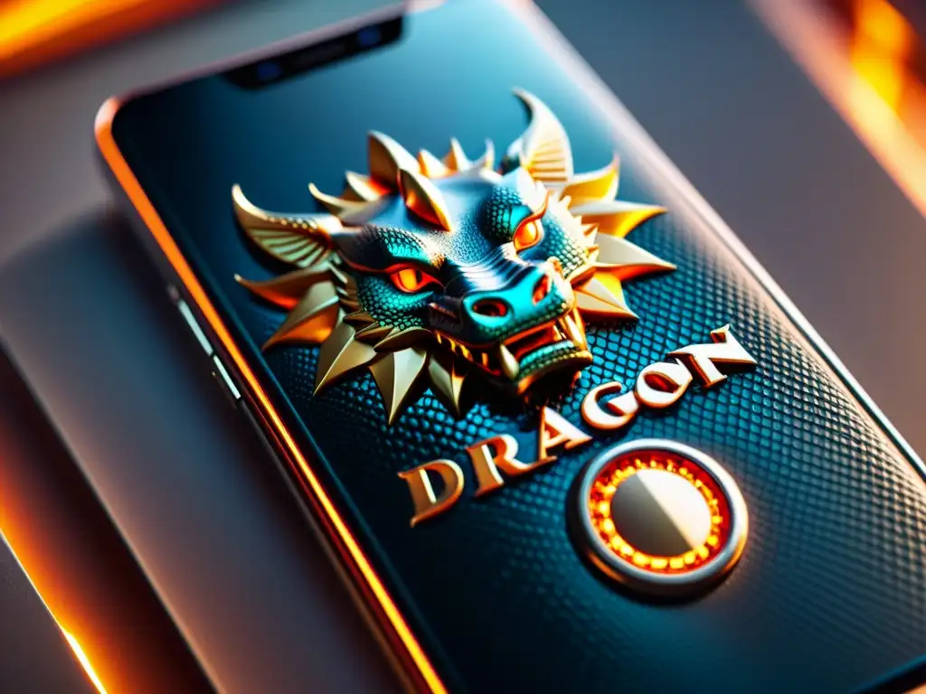 Detallado smartphone con diseño de dragón, escamas intrincadas y toques de fuego