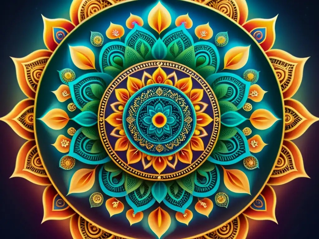 Detallado Mandala hindú en 8K con vibrantes colores y patrones hipnóticos, reflejando la mística oriental y los paralelismos con la ciencia moderna