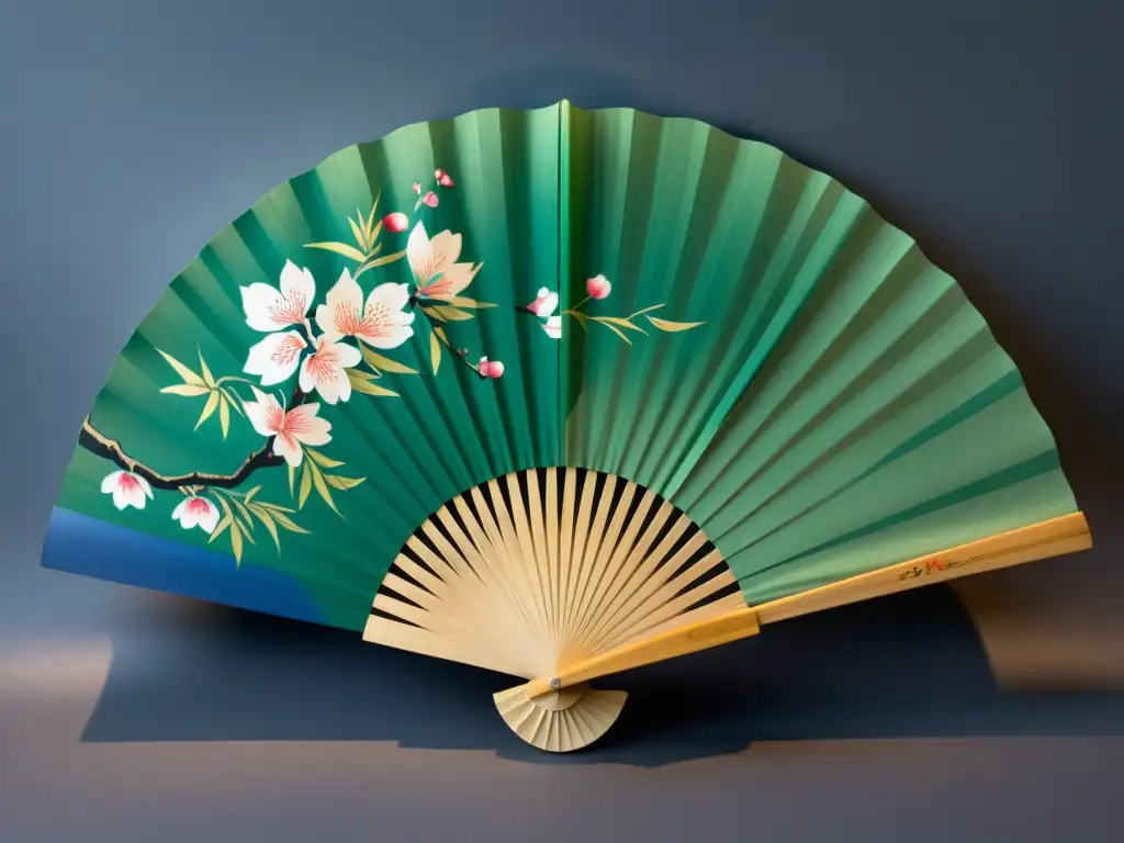 Detalle de un abanico japonés tradicional con diseños pintados a mano en colores vibrantes, representando cerezos en flor y patrones en remolino