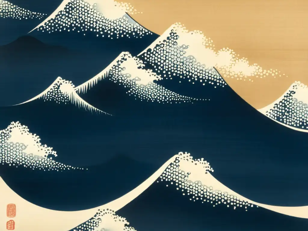 Detalle en alta resolución del arte asiático de Hokusai, mostrando la maestría y legado del artista en la caligrafía japonesa