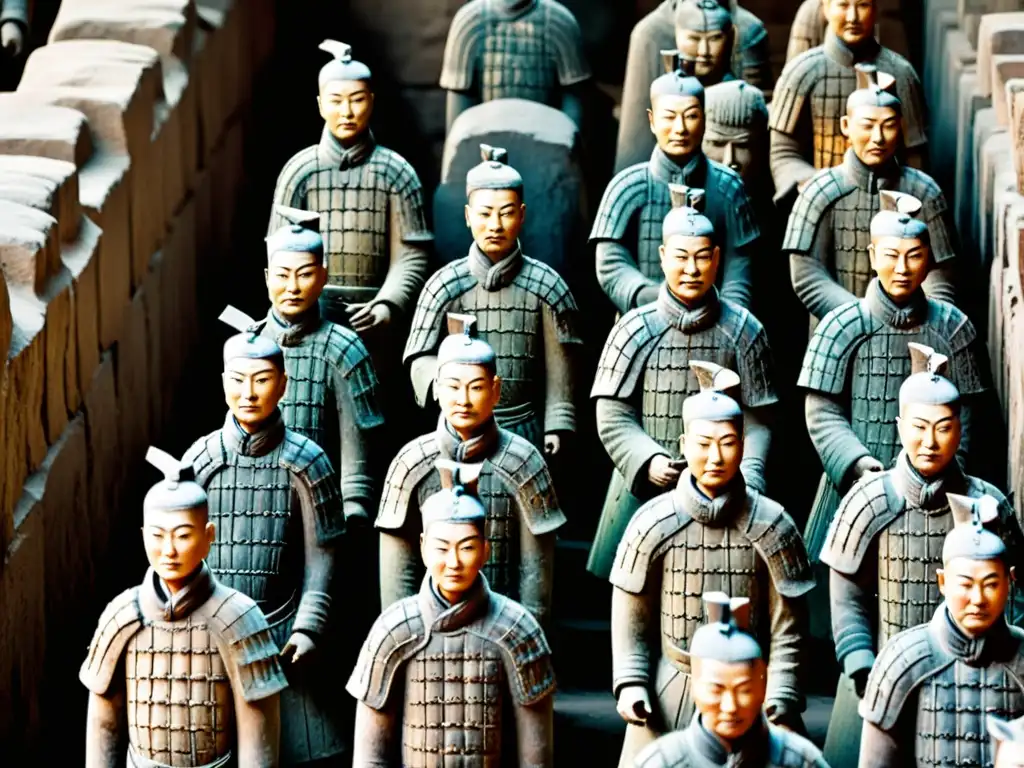 Detalle en alta resolución de las Tumbas Imperiales Chinas custodia vida, con el imponente ejército de terracota en formación de batalla, destacando su poder militar y autoridad