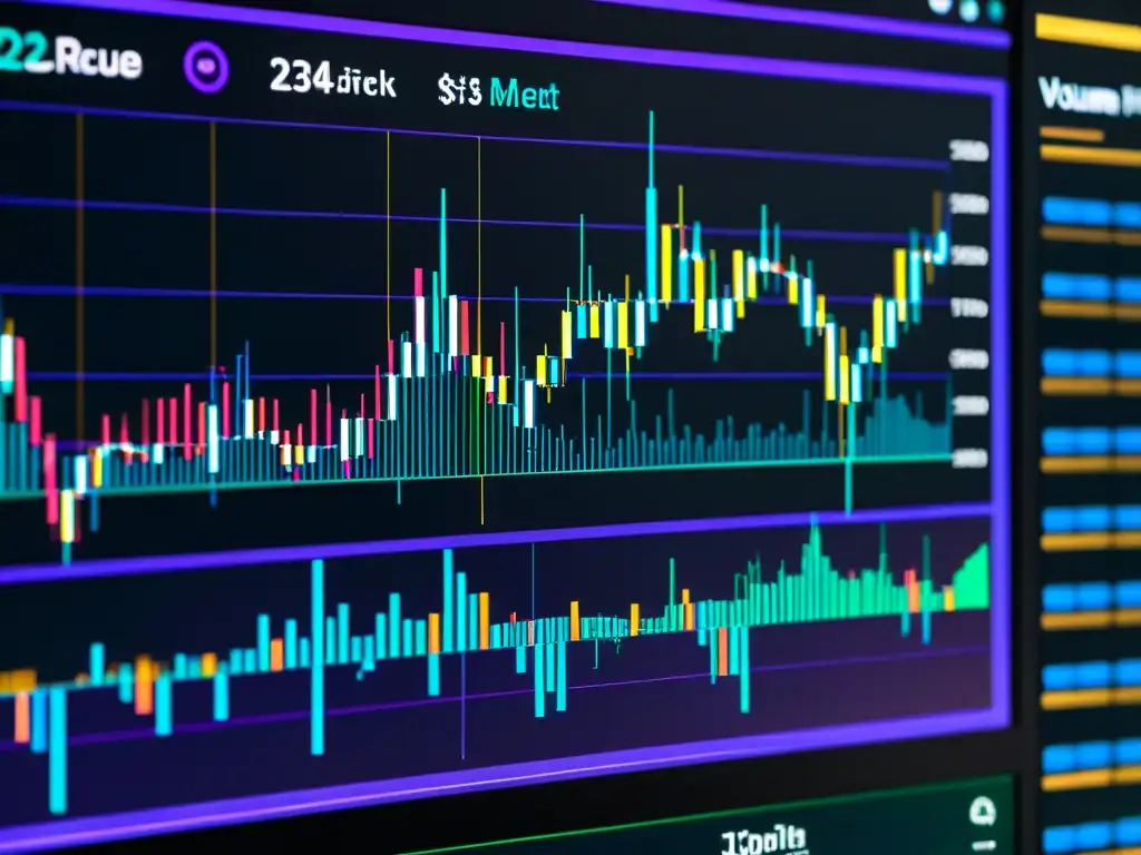 Detalle de un análisis de mercado de criptomonedas, con patrones de velas y diversos indicadores técnicos