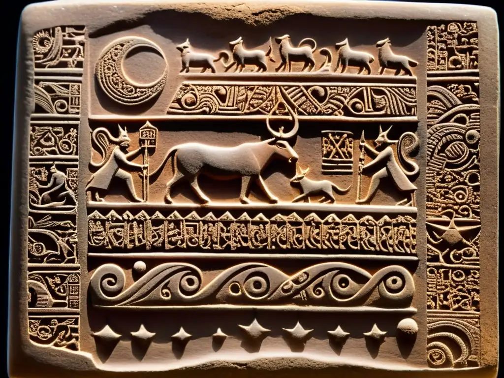 Detalle de antigua tableta de barro del Valle del Indo con símbolos astrológicos, examinada por expertos en astrología asiática