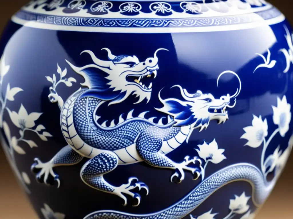 Detalle de una antigua vasija de porcelana asiática, con intrincados patrones en azul y blanco, reflejando la maestría en porcelana asiática y su historia centenaria